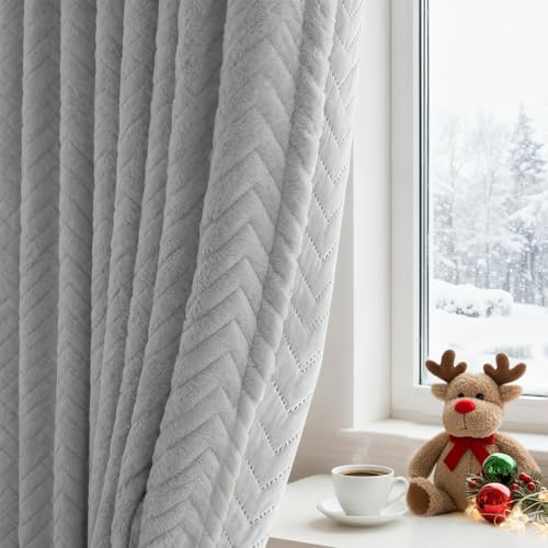 PLODAXE 100% Verdunklungsvorhänge Plüsch 2er Set, H245xB140cm Dicker Flanell Thermovorhang Kälteschutz Wärmeschutzvorhang Gegen Kälte, Kräuselband Stangendurchzug für Wohnzimmer Schlafzimmer(Grau)
