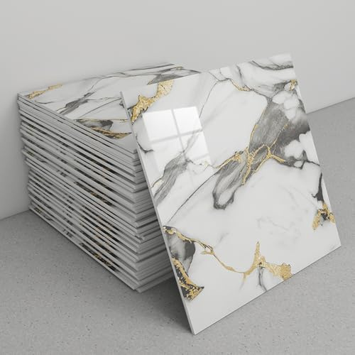 Lot de 30 carreaux adhésifs effet marbre, panneaux muraux étanches, 30 x 30 cm, for salle de bain, cuisine, salon, motif veiné.(A7)