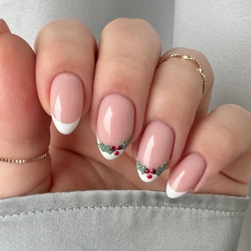 30pcs Christmas Press on Nails Almond Short,Christmas French Tip FalseNails Short Press OnNails,Nude Christmas Fake Nails with Christmas Holly Design,Winter Natural Stick onNails for Women & Girls