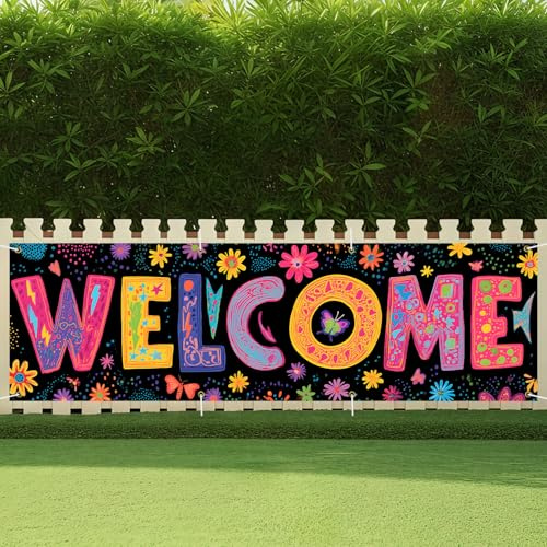 CRYSLOVE Großer Festivals Banner,300 x 90 CM Banner für Balkon,Indoor & Outdoor Dekoration Banner,Für Geburtstag,Ostern,Valentinstag,St. Patrick's Day (Willkommen)