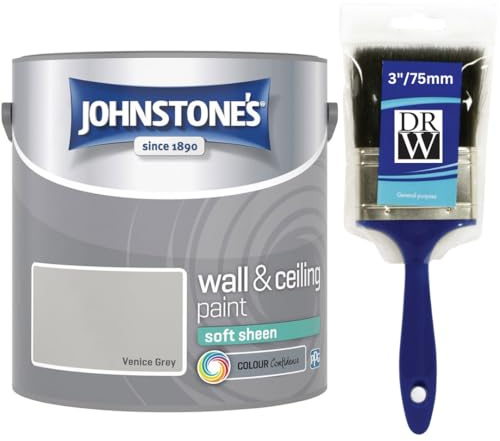 Venice GreyJohnstone’s Wall & Ceiling Soft Sheen Paint 2.5L + 3 Brush – Subtle Sheen Finish, Durable & Washable, Quick Dry, Low Odour Interior Paint for Walls & Ceilings
