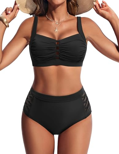 Bikiniset för kvinnor, hög midja, magkontroll, tvådelad push-up baddräkt, sexig utskuren byst, bikini, elegant, veckad korsad spagettibaddräkt