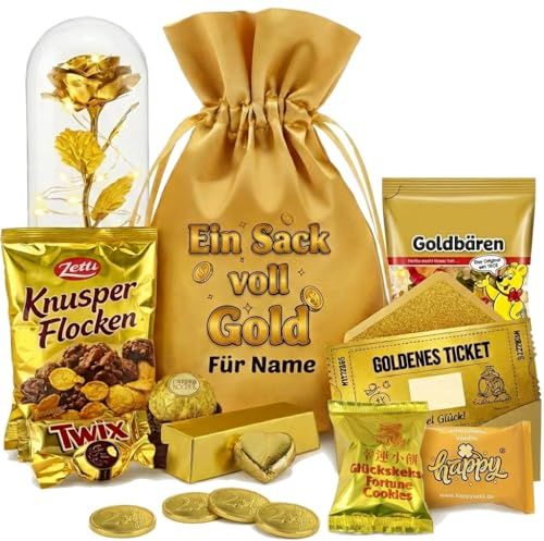 Ein Sack voll Gold – wiederverwendbarer Satin-Geschenkbeutel mit personalisiertem Aufdruck als Geld-Geschenk mit goldenen Leckereien & befüllbarem Goldbarren, Größe XXL