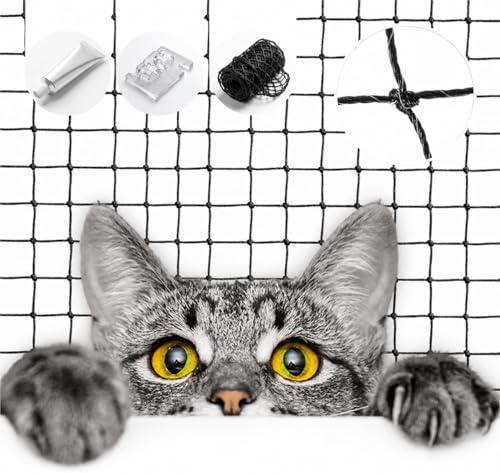 KONZEPT Katzennetz für Balkon 8x3m ohne Bohren – Drahtverstärkt, Biss- & Kratzfest, wetterbeständig, 3 x 3 cm Maschenweite, Schwarz