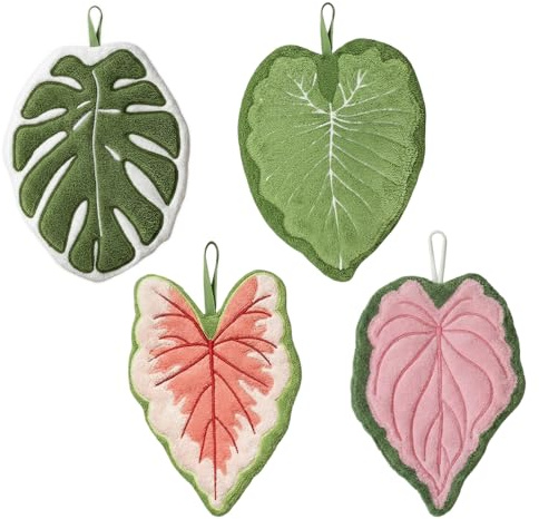 BDKMMS Monstera Juego de 4 toallas colgantes en forma de hoja con lazo para colgar, secado rápido, toalla absorbente de forro polar coral para cocina y baño
