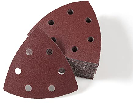 LEONTOOL Lot de 50 feuilles de papier de verre triangulaires à 6 trous - 8,9 cm - Grain 180 - Feuilles de ponçage pour bois et métal
