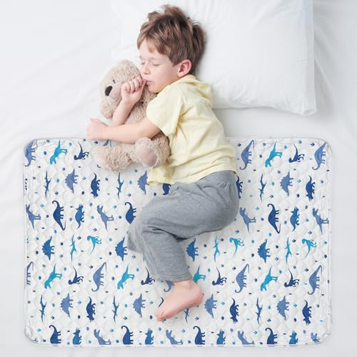 WOVENX Organic Incontinence Pads for Kids & Toddlers - 5 Layer Waterproof Protectors for Overnight Bed Wetting - Reusable & Washable Pee Pads - Fits Twin to Full Size Beds - 34 x 52 Dinosaur
