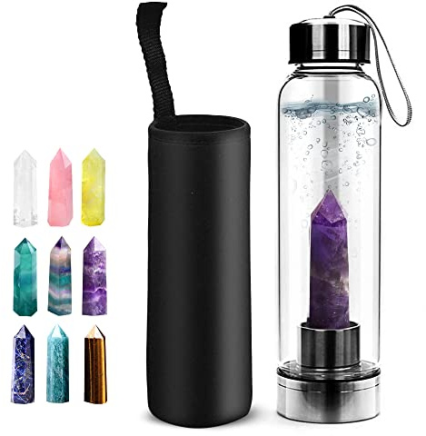 HINATAA Crystal Water Bottle, Removable Healing Natural Quartz Water Bottle, 550 ml (Purple)