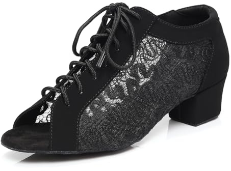 VCIXXVCE Women's Lace-up Ballroom Dance Shoes Open Toe Black Latin Dance Practice Shoes Low Heel with Full Suede Sole,9.5 US