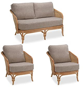 Desser Royal Rattan Conservatory Furniture Set of 2 Seater Sofa & Set o 2 Armchairs – Fully Assembled Luxury Indoor Real Cane Wicker Chair & Settee Suite with UK Made Cushions – Blush Tweed Fabric