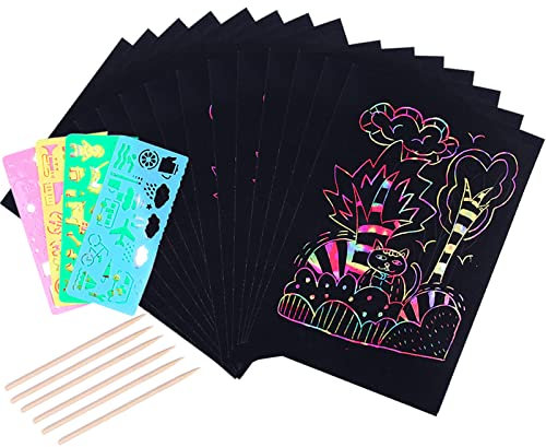 VEGCOO 60 Stück Kratzbilder für Kinder, Regenbogen Kratzpapier Kratz Zeichenpapier, Magic Scratch, for Basteln Herbst, mit 4 Schablonen, 6 Holzstiften