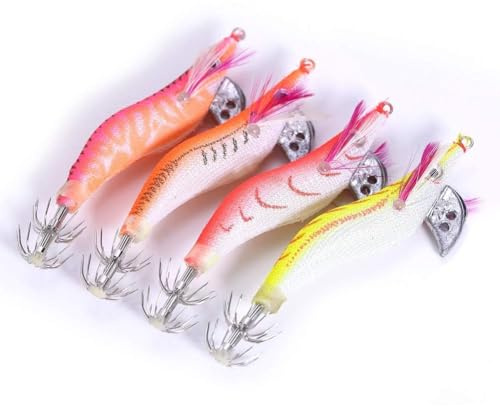 HERCHR Señuelos de Camarones, Cebo Duradero para Señuelos de Pesca de Calamar Cebo de Plástico Luminoso de 4 Piezas Cebo de Calamar para Camarones, Calamares, Pesca Nocturna, Agua Dulce y Salada