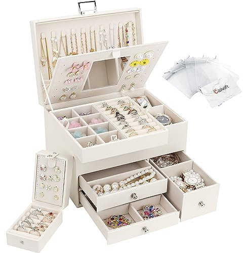 Casiwaft Jewellery Box Organiser, 3 Layers Large PU Jewelry Storage Case with Portable Case, Jewellery Box with Removable Tray and Mirror for Necklace Earring Ring Watch, Beige