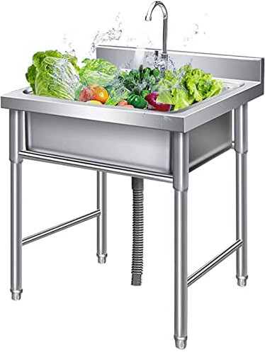 Fregadero Cocina Fregaderos de cocina comerciales de 50/60 cm, fregadero de acero inoxidable 304, fregadero de un solo recipiente, 1 compartimento con protector contra salpicaduras, grifo sin plomo, l