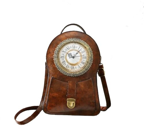 KINROCO Vintage Echte Arbeitsuhr Handtaschen Antike Frauen Doppelte Umhängetasche Leder Retro Steampunk Messenger Bag(Color:Braun)