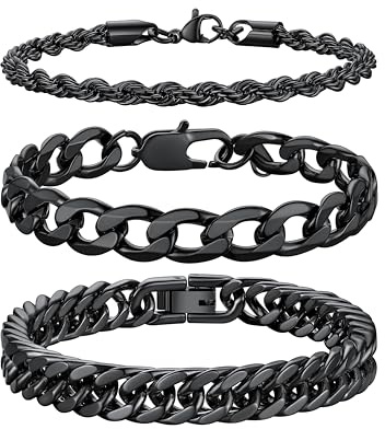 Richsteel Herren Edelstahl Armband Set, 2 Stück Herrenarmband, 3 Stück Herrenarmband, Schwarz/Stahl/Gold, 9/8/4mm Set Stapelbar, 19/21/23cm Länge, geeignet zum Verschenken