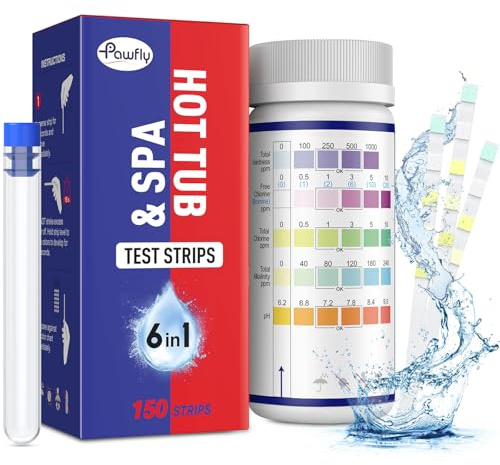 Pawfly 6 en 1 Hot Tub Tiras de prueba, 150 Recuento, pH, cloro libre, cloro total, dureza, bromo, alcalinidad, papel de fibra, Spa & Hot Tub Kit de prueba de agua