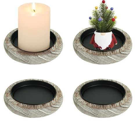 CRFASIBE Set da 4 Portacandele in Legno Rustic con Vassoio Antigoccia | Portacandele Rotondi, Supporto per Candele a Colonna, Romantico Decorazione per Tavolo, Matrimonio, Natale, Valentino e Cene