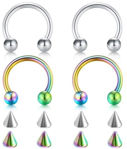 Tolldek 4pcs Edelstahl Piercing Nasenstecker, Silber Bunt 1.2mm U Hufeisen Barbell Kegel Ersatz Nase Piercings, Segmentring Piercing, Lippenpiercing Ohrringe für Frauen