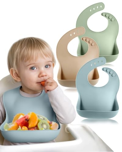 BebeCalin Lot de 3 bavoirs pour bébé de 6 à 12 mois, bavoirs en silicone sans BPA, doux et réglables, bavoirs de sevrage imperméables, faciles à nettoyer, non salissants avec grande poche pour