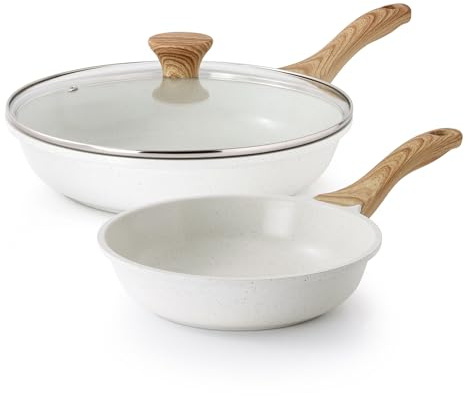 SENSARTE Nonstick Frying Pan Skillets, White Ceramic Coating Omelette Pans, Healthy Cookware Chef's Pan, Free of PTFE & PFAS (8+11Inch with Lid)