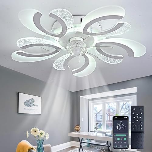 Intelligent Ventilateur Plafond Avec Lumiere 6 Vitesses Timer Réversible Lustre Ventilateur De Plafond Télécommande App Mémoire Dimmable Led Moderne luminaire ventilateur plafonnier Salon Blanc