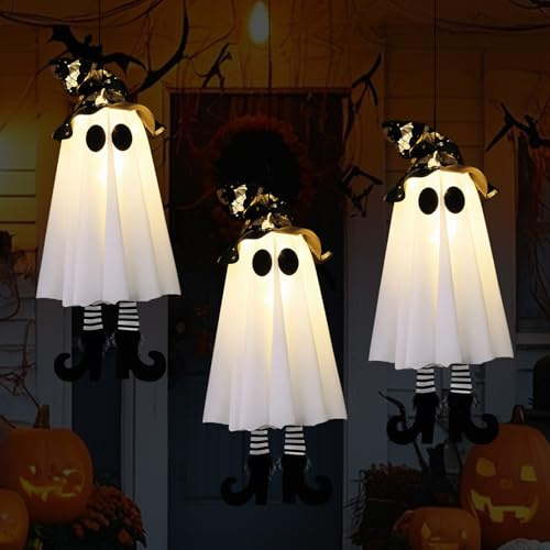 SPERMUOY Halloween deko gruselig Gespenster,3 Stück Halloween deko Outdoor Hängende Geist deko mit Hexenhut,Ghosts Hängedeko für Innenhof, Garten und Außenbäume