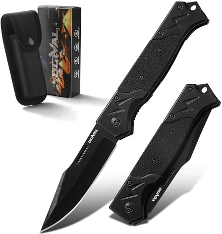 Ogival Klappmesser (Zweihandmesser),Taschenmesser mit Griff aus rostfreiem Stahl und Seil,Edc Messer mit Taschenclip,für Camping, Angeln,Wandern,