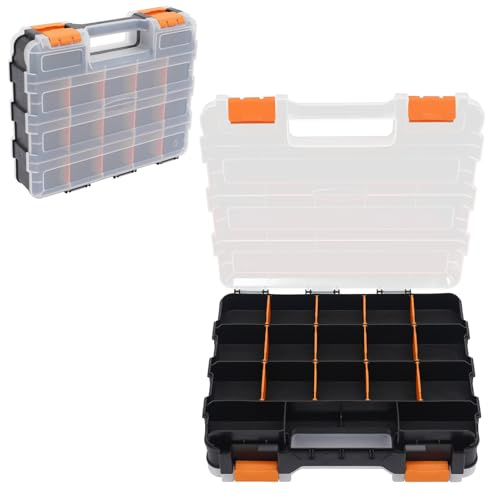 Caja de herramientas, 34 compartimentos, organizador profesional con separadores extraíbles, cajas clasificadoras transparentes para piezas pequeñas, apilable, caja clasificadora para tornillos