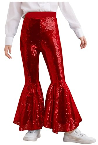 Xnihocha Kids Girls Sequins Jazz Flared Pants Bell Bottoms Glittery Ruffle Dance Performance Yoga Trousers Hip Hop Dancewear Red 7-8 Years