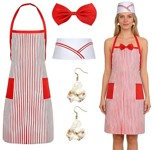 RAOPNHS Juego de 4 disfraz de palomitas de maíz, delantal rojo y blanco, delantal, gorro de cocinero y pendientes de palomitas de maíz, disfraz de vendedor de palomitas de maíz, disfraz para carnaval