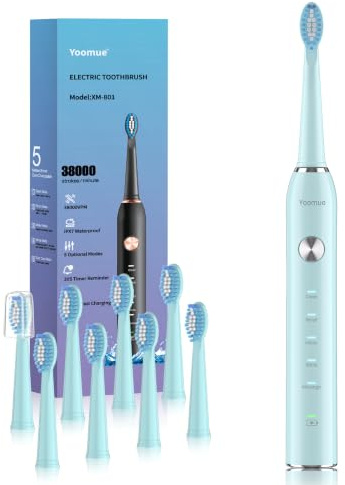 Yoomue Sonic Electric Toothbrush for Adults & Kids - 5 High-Performance Modes, 8 Replacement Heads, 2.5-Hour Fast Charge, Built-in Smart 2-Minute Timer, IPX7 Waterproof, 35Day Battery Life Light Blue