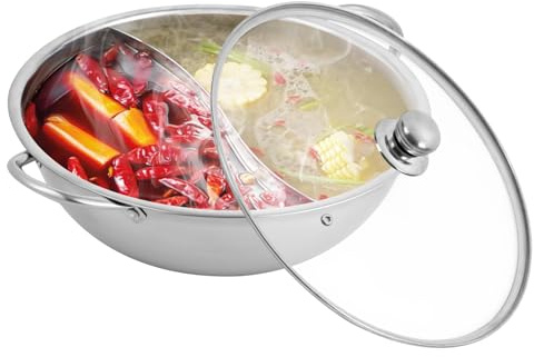 Rostfritt stål Hot Pot med lock, Hotpot delad panna med skiljevägg, Hotpot-gryta, dubbel Hot Pot-kastrull, förtjockad separationssopp, snabb uppvärmning för induktionsspis och gasspis (28 cm)