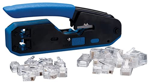 IDEAL Electrical 33-396 Data/Voice Modular Plug Crimp Tool Kit, Crimping Tool for CAT3/5e/6 Cables, RJ-45 (8P8C) & RJ-11 (6P6C, 6P4C, 6P2C) w/ 20 Plugs