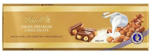 Lindt Maxi Tablette SWISS PREMIUM Chocolat Lait Noisettes 300g | Chocolat Lait • Tablette • Grillé • Noisettes • Moment de plaisir.