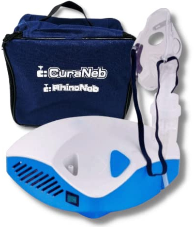 Curaneb aerosol a pistone portatile per bambini ed adulti. Potente e silenzioso, completo di borsa per il trasporto ed accessori. Compatibile con accessori di Nebula, Omron, Laica, Breuer