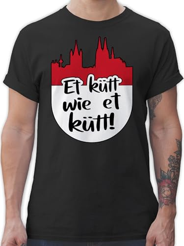 T-Shirt Herren - Karneval & Fasching - Et kütt wie et kütt! rot weiß Skyline I Kölsch Grundgesetz Köln I Echte Kölner - XXL - Schwarz - kölsches Tshirt faschingsshirt Faschings Dom