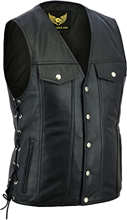 Leatherick svart denimstil unisex äkta läder cyklist väst med sidosnören och kromknappar, Svart, S