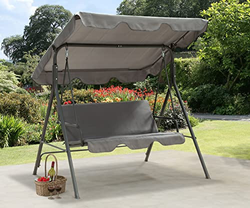 Garden Store Direct 3 Seater Canopy Swing Chair Garden Rocking Bench Heavy Duty Patio Metal Seat w/Multi-Position Top Roof (Charcoal Grey)