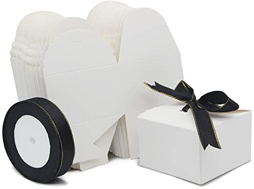 La Llareta 50 Stücke Weiße Geschenkboxen, DIY Geschenk Verpackung Box, Kreativ Karton Geschenkboxen, mit Band, für Keks, Hochzeit, Geburtstag, Party,Weihnachten