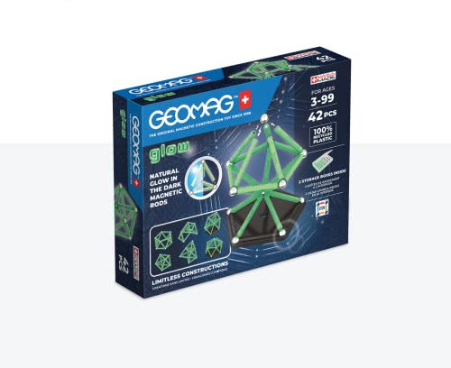 Geomag, Glow Recycled, Magnetische Konstruktionen mit Leuchteffekt, Magnetstäbe, die im Dunkeln Leuchten, 42-teilige Packung, 100% Recycling-Kunststoff