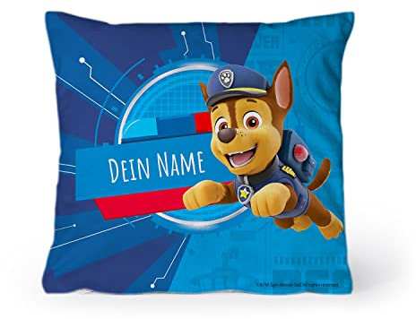 PICANOVA – PAW Patrol Chase Kissen mit Name 40x40cm – Dekokissen mit Füllung – Text individuell Bedruckt – Zierkissen Dekokissen – Schlaf- und Wohnzimmertauglich
