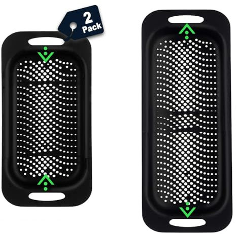 BEWOS 2 Stück Siebkorb Spüle, abtropfsieb Spülbecken für Haus und Küche, ideal zum Waschen von Obst und Gemüse oder nutzbar als Nudel Spülbeckensieb, BPA-freie (17 B x 37~49.5 L x 8 H) cm - Schwarz