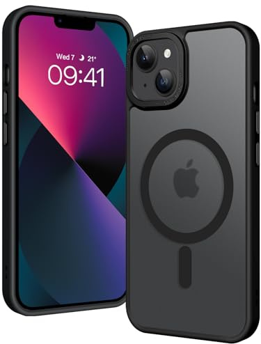 GUAGUA Coque Magnétique pour iPhone 13/14 6,1 Pouces, Compatible avec MagSafe, Protection Antichoc Qualité Militaire, Étui Housse Arrière Translucide Givrée, Anti-Empreintes Digitales (Noir)