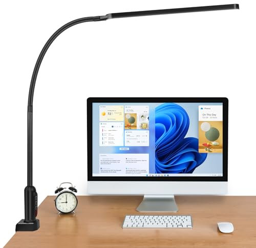 BIENSER Schreibtischlampe LED, Tischlampe mit Klemme - Flexibler Schwanenhals, Bürolampe Architektenlampe Arbeitsleuchte, 11 Helligkeitsstufen X 5 Farben Dimmbar Augenschutz, Speicherfunktion, Schwarz