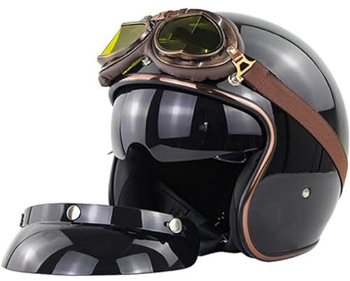 QJWMatic Motorrad-Jethelme, Vintage-Jethelm Für Damen Und Herren Retro-3/4-Motorradhelm Chopper Cruiser Biker ECE-Zertifizierte Helme Mit Sonnenblende E,XL61-62CM
