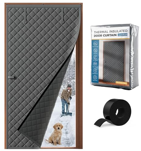 Augblinds Thermal Insulated Door Curtain Fits Door Size 36 x 80 Inch, Oxford Cloth Thicken Cotton Filled, Curtain Size 39 x 82, Single Piece Door Insulation Blanket Cover for Cold in Winter, Grey