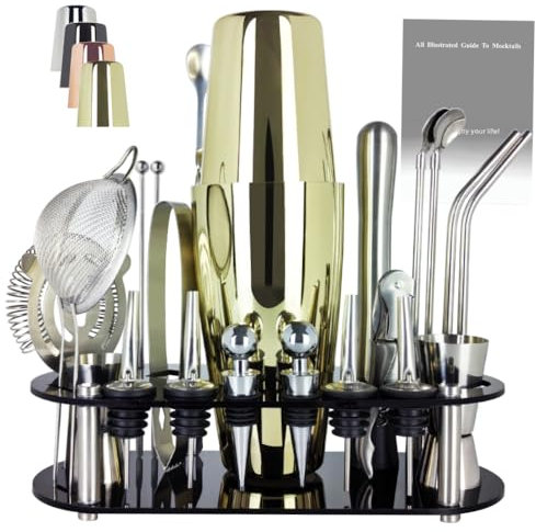 Juego de coctelera de 22 piezas, kit de camarero de 27/20 onzas, juegos de herramientas de bar de acero inoxidable para mezclar bebidas, coctelera Boston con soporte folleto de recetas (cobre rosa,
