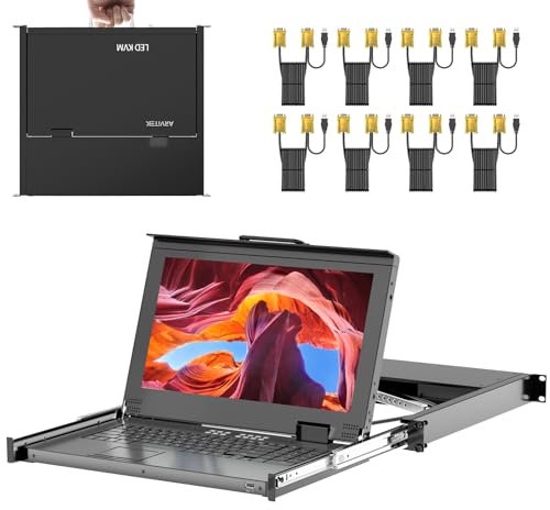 Rack Mount KVM w/15.6'' LCD Monitor, Arvitek 8 Port KVM Switch VGA w/Handle, Fit 1U 19'' Rack, Suitable for 600-800mm Network Cabinet +8 VGA KVM Cables