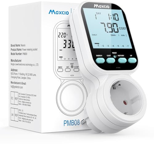 Wattmeter-Steckdose, digitaler Stromzähler, Maxcio mit 7 Modi, energiesparende Steckdose mit hintergrundbeleuchtetem LCD-Display, Leistungsüberwachung für Großgeräte